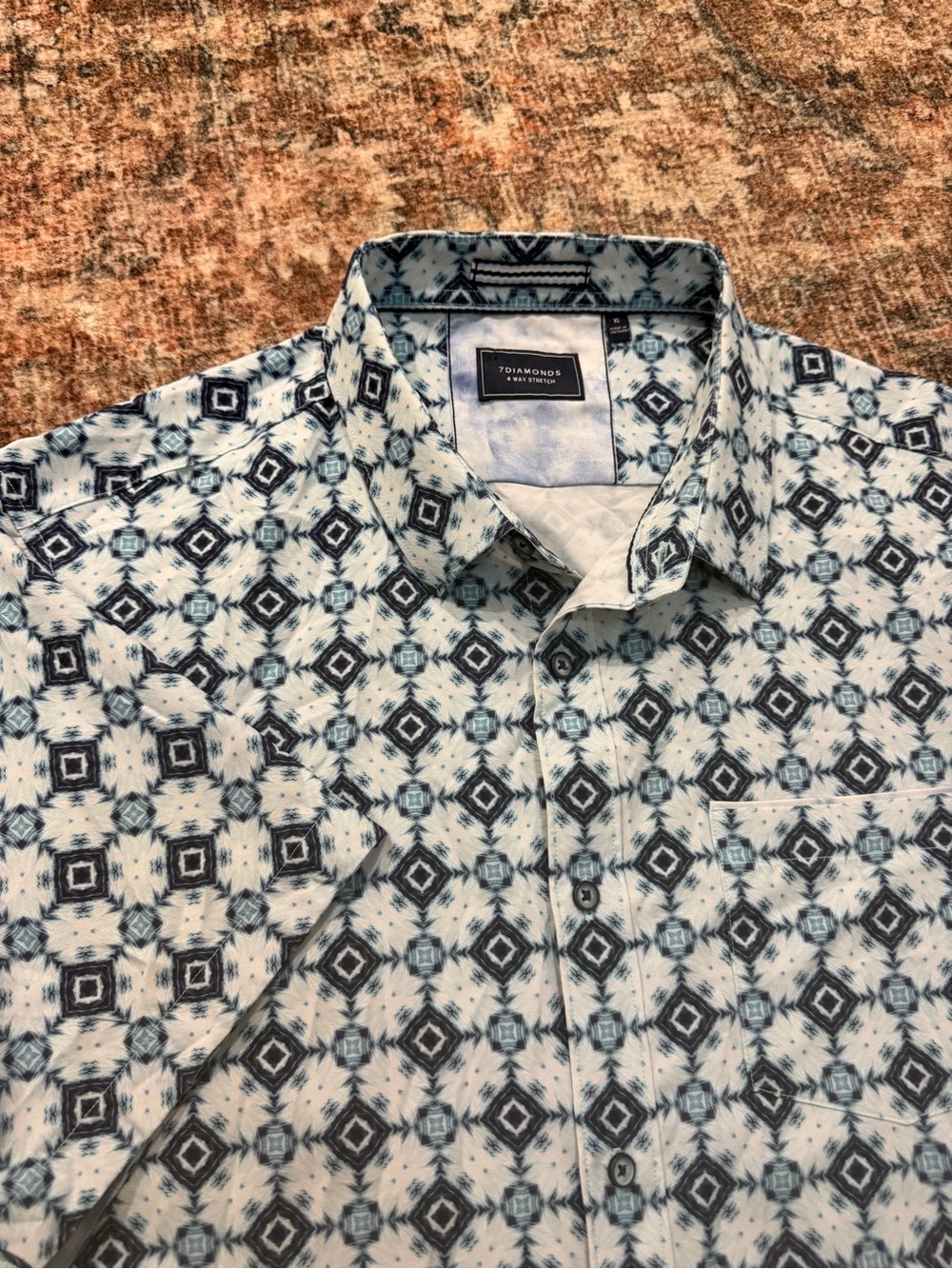 7 Diamonds White and Blue Geometric Button-Up Shirt